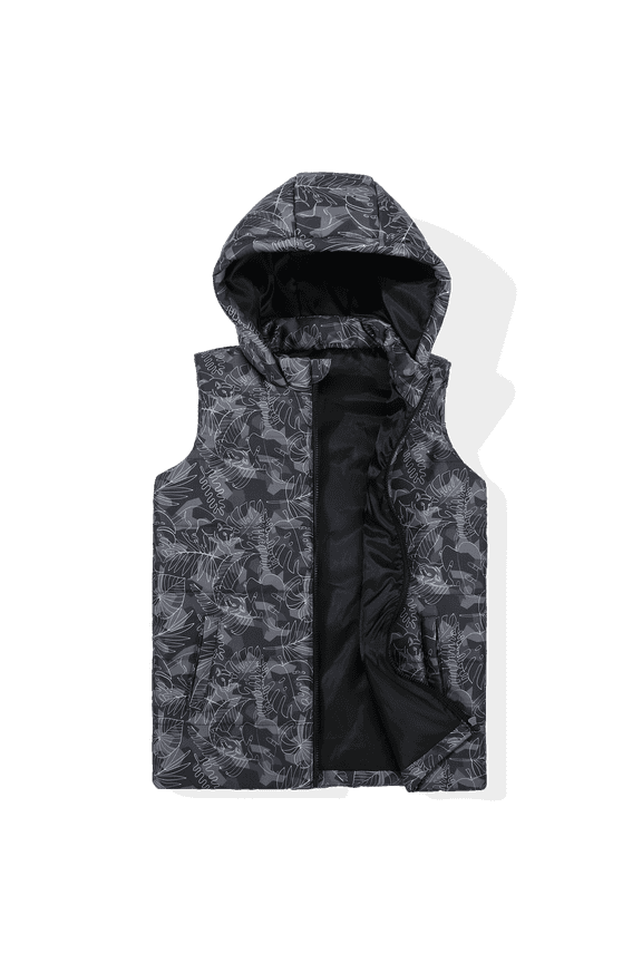 Boy's Warm Puffer Vest Coat Funny Printed Sleeveless Jacket With Hood Grey Camo Size 12