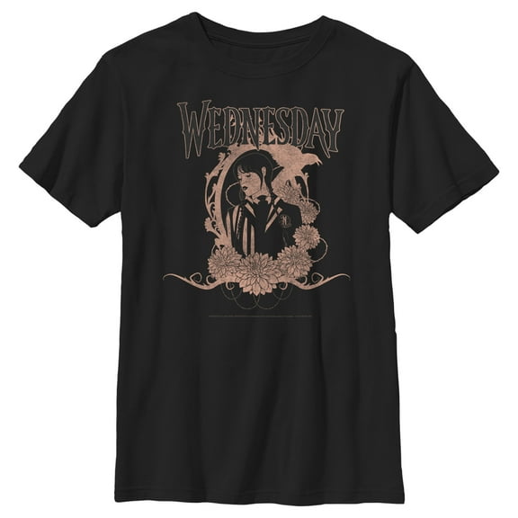 Boy's Wednesday Floral Portrait  Graphic Tee Black Medium