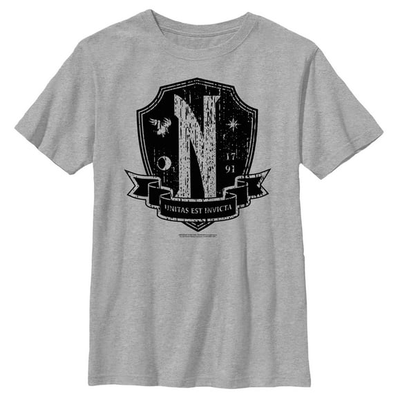 Boy's Wednesday Nevermore Academy Distressed Emblem  Graphic Tee Athletic Heather Medium