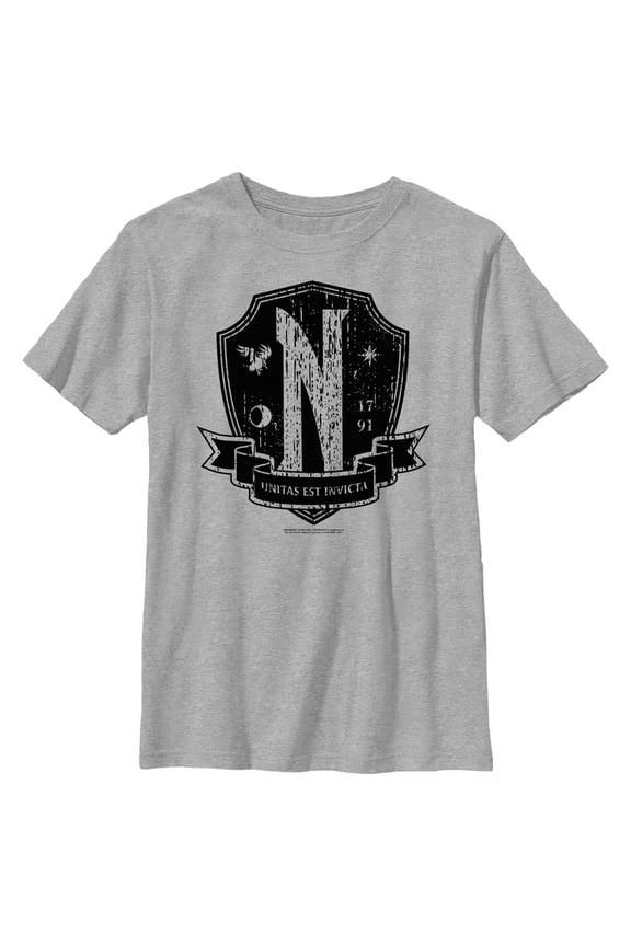 Boy's Wednesday Nevermore Academy Distressed Emblem Graphic Tee Athletic Heather Medium
