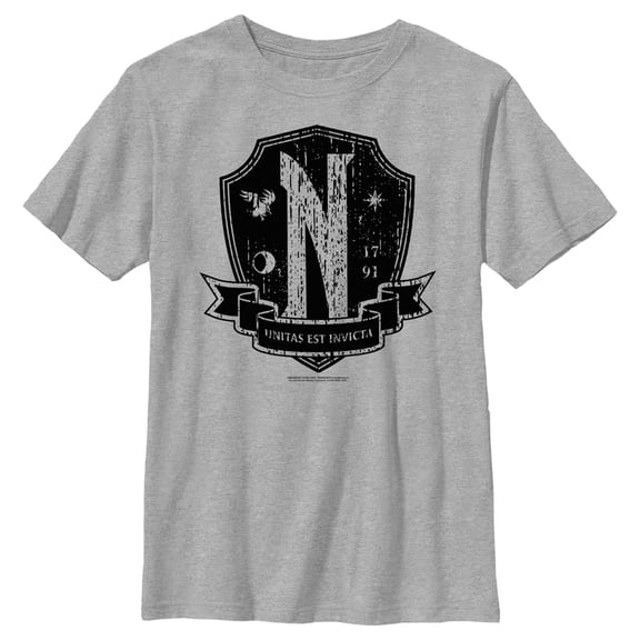 Boy's Wednesday Nevermore Academy Distressed Emblem Graphic Tee Athletic Heather Small