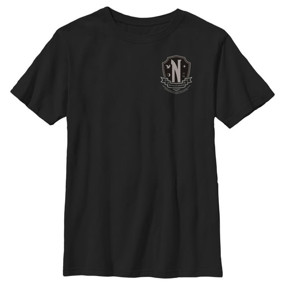 Boy's Wednesday Small Nevermore Crest Black and White Graphic Tee Black Small
