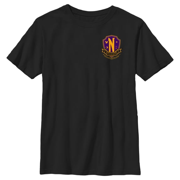 Boy's Wednesday Small Nevermore Crest Graphic Tee Black Large