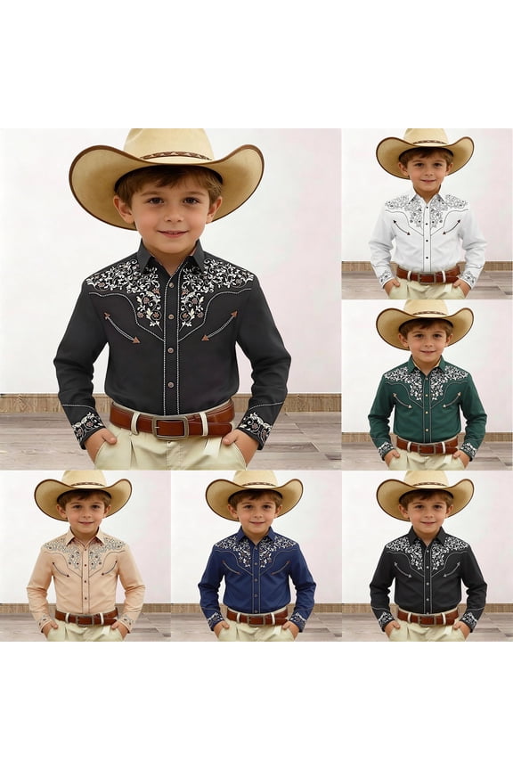 Boy's Western Cowboy Shirt Embroidered Long Sleeve Casual Button Down Shirt