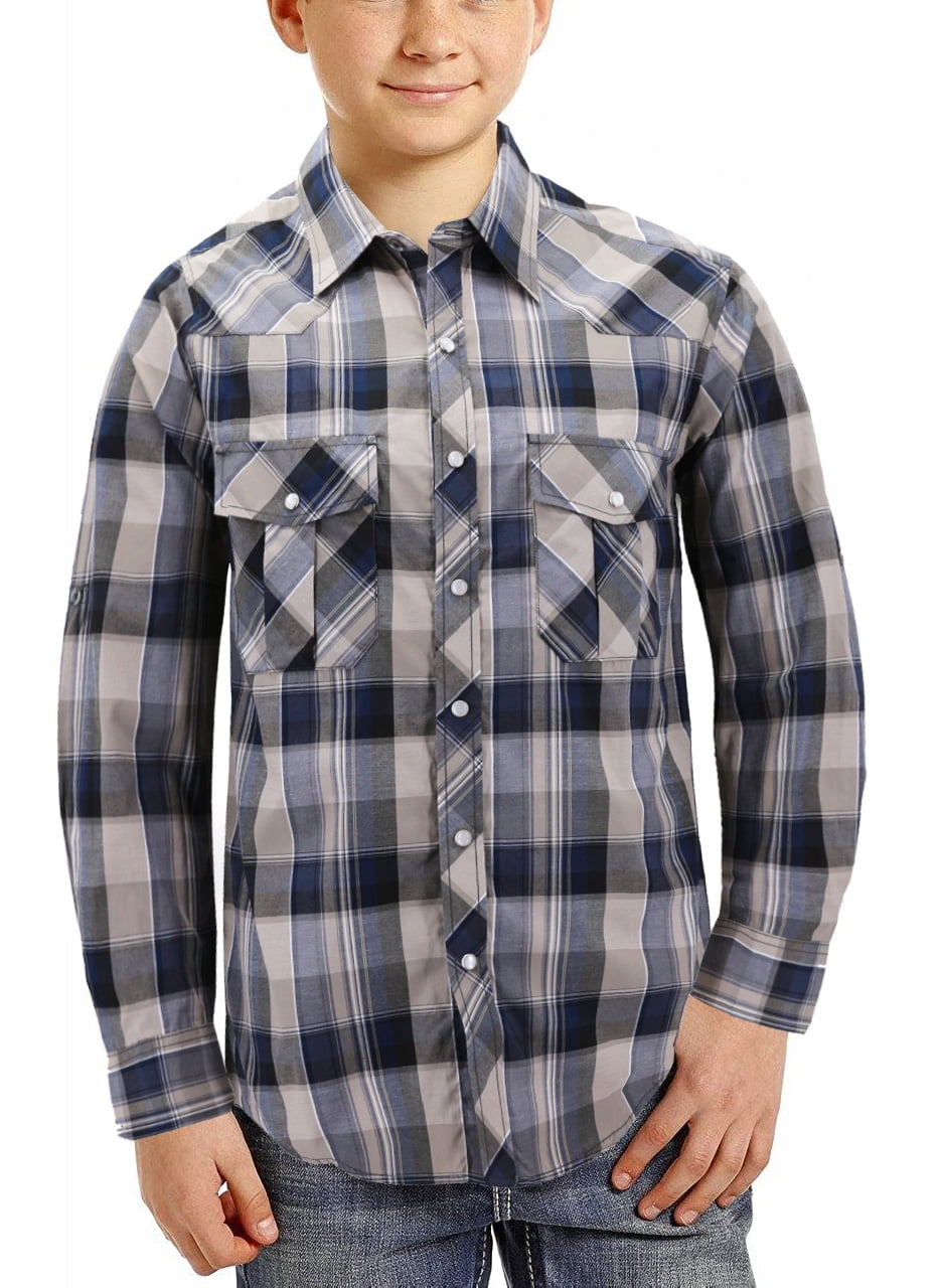 SANGTREE Men's & Boys' Long Sleeve Flannel Shirt - Plaid Casual Button-Up, Teal Blue, X-Large