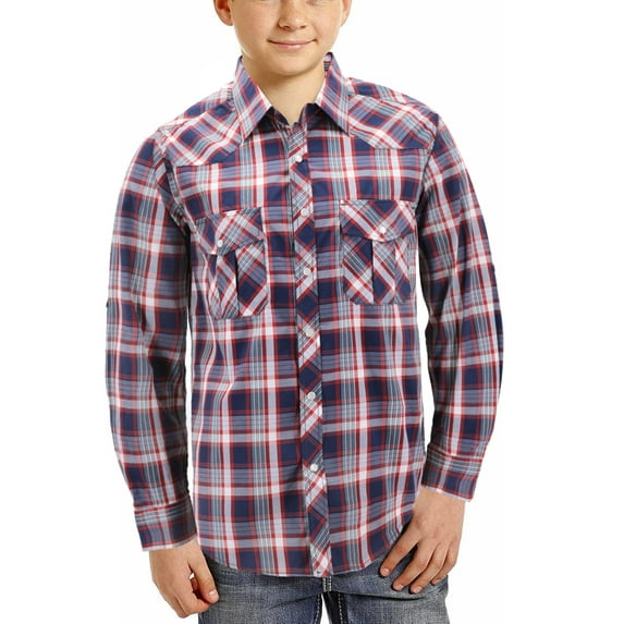 Boy’s Western Pearl Snap Button Down Casual Long Sleeve Plaid Cowboy Shirt (#3 Red/Blue, 12)