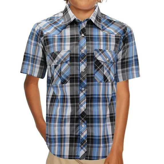 Boy’s Western Pearl Snap Button Down Casual Short Sleeve Plaid Cowboy Shirt (#10 White/Blue, 6)