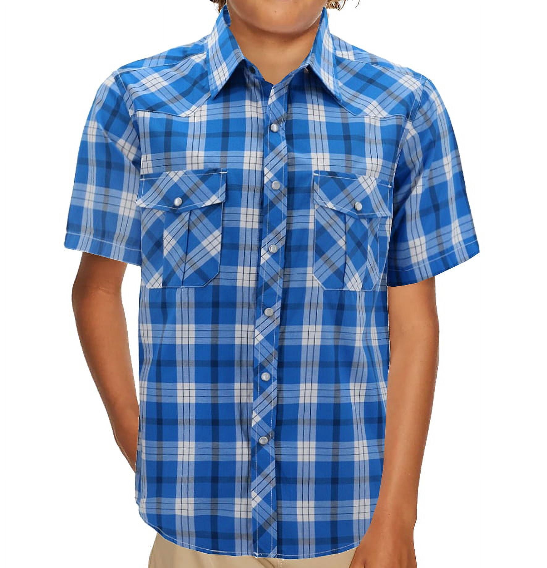 Boy's Western Pearl Snap Button Down Casual Short Sleeve Plaid Cowboy Shirt  (#29 Blue/White/Black, 16) 
