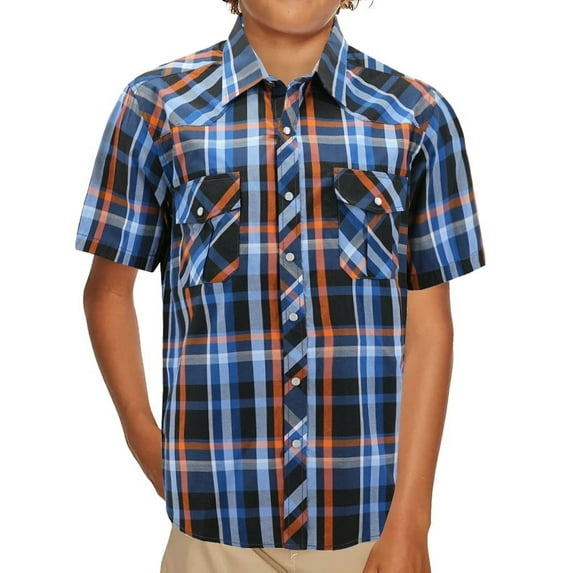 Boy’s Western Pearl Snap Button Down Casual Short Sleeve Plaid Cowboy Shirt (#5 Blue/Orange, 16)