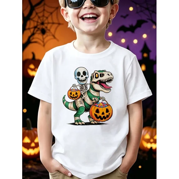 Boy's White Bandage Dinosaur Little Skull Pumpkin Tee Camisas Para Niñas Halloween Graphic Tees For Boys Boys Clothes 8 To 12 Ropa De Niño