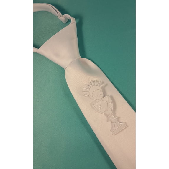 Boy's White Satin First Communion Tie with Embroidered Chalice