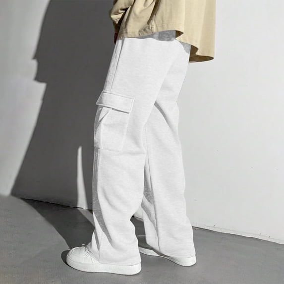 Boy's Wide Leg Cargo Baggy Sweatpants Youth Sports Joggers (White 11-12 Years)