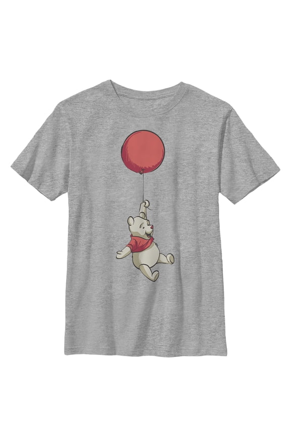 Boy's Winnie the Pooh Bear In Flight With Red Balloon Graphic Tee Athletic Heather Large