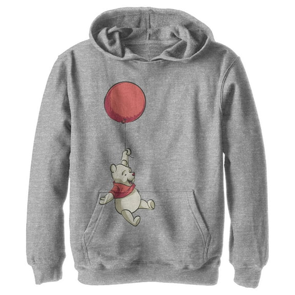 Boy's Winnie the Pooh Bear In Flight With Red Balloon  Pull Over Hoodie Athletic Heather X Large