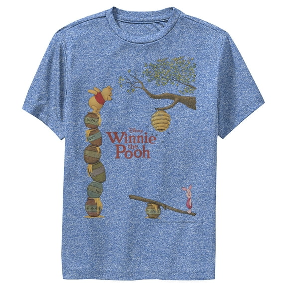 Boy's Winnie the Pooh Piglet Tower Of Honey Jars  Performance Graphic Tee Royal Blue Heather Medium