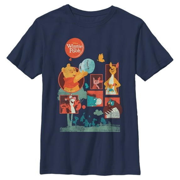 Boy's Winnie the Pooh Retro Character Panels Graphic Tee Navy Blue Medium