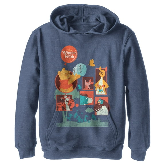 Boy's Winnie the Pooh Retro Character Panels  Pull Over Hoodie Navy Blue Heather Small