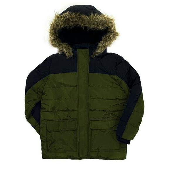 Boy's Winter Quilted Puffer Coat Warm Faux Fur Hooded Winter Jacket for Little Kid/Big Kid 4-14