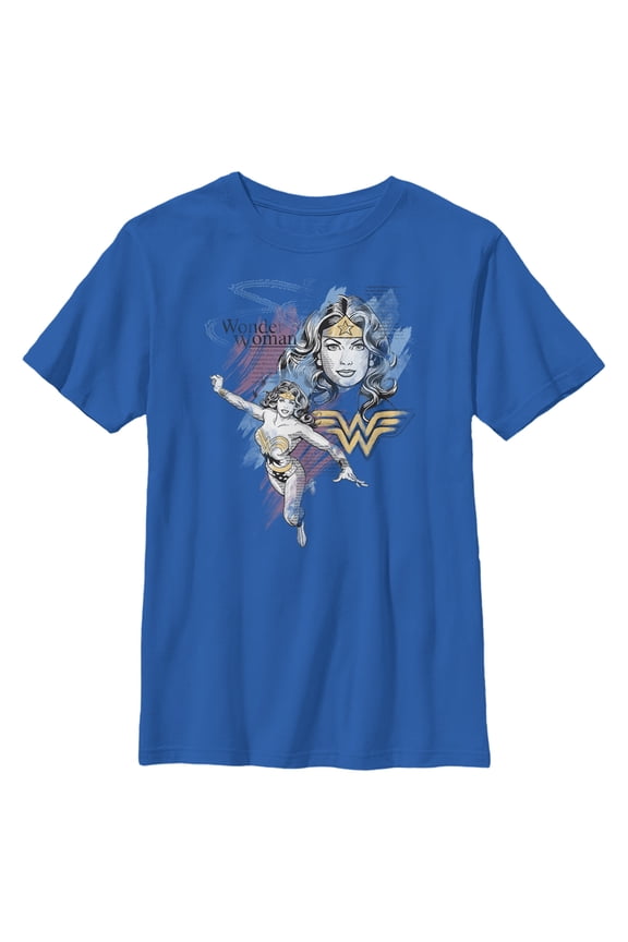 Boy's Wonder Woman Pastel Newspaper Graphic Tee Royal Blue Medium