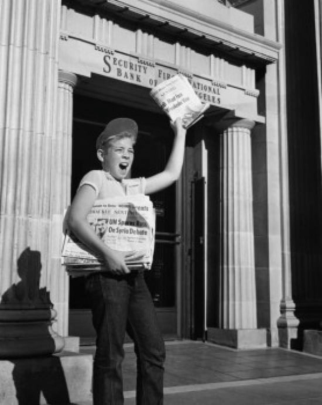 Boy selling newspapers in front of a building Canvas Art - (18 x 24)