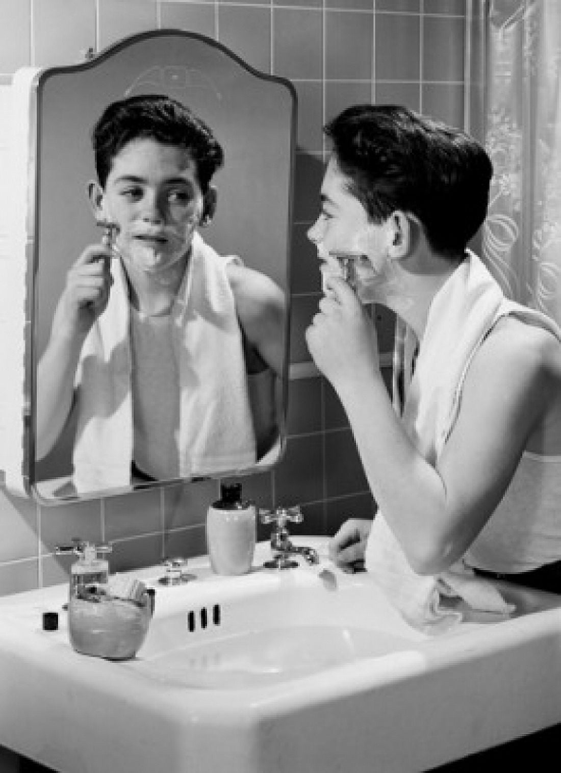 Boy shaving Canvas Art - (18 x 24)