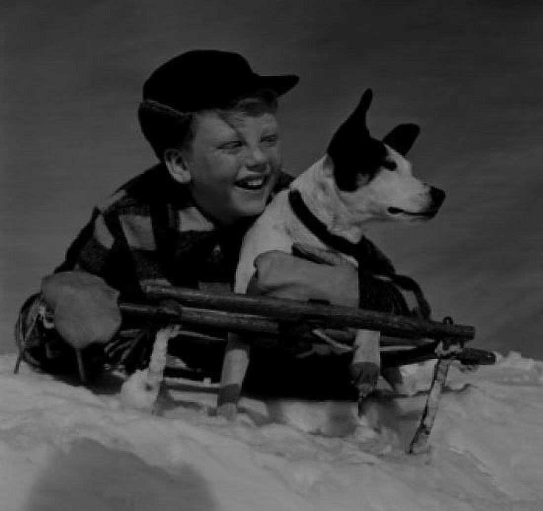 Boy sledging with dog Canvas Art - (18 x 24)
