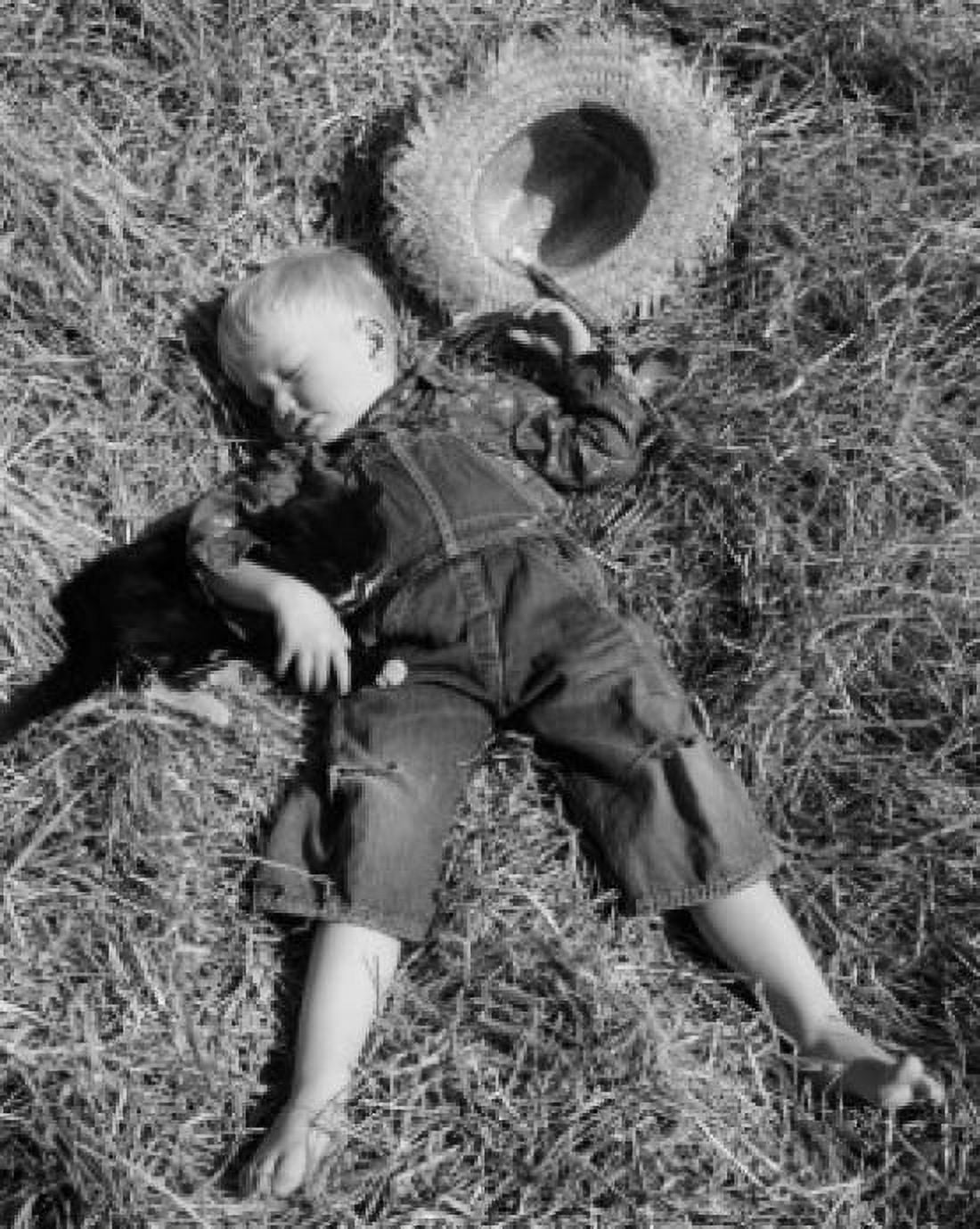 Boy sleeping with cat on hay Canvas Art - (24 x 36)