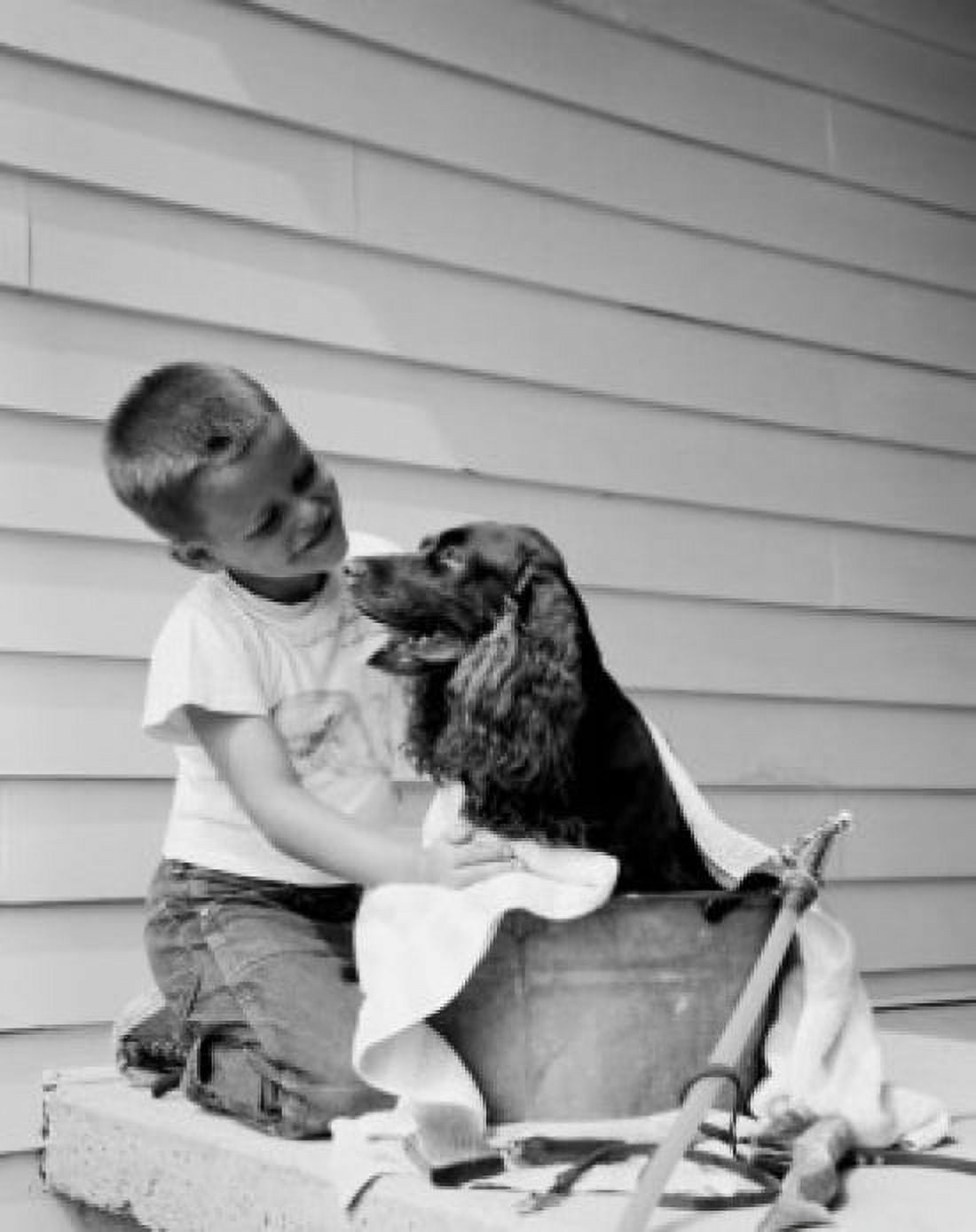 Boy washing dog in bowl Canvas Art -  (18 x 24)
