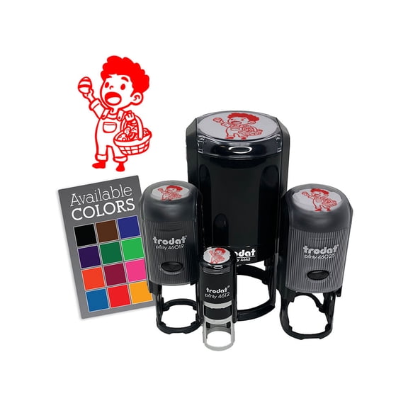 Boy with Basket Finding Easter Egg Hunt Self-Inking Rubber Stamp Ink Stamper for Stamping Crafting Planners - 1/2 Inch Mini - Dry Pad (No Ink)