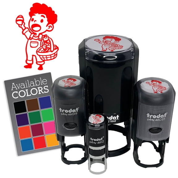 Boy with Basket Finding Easter Egg Hunt Self-Inking Rubber Stamp Ink Stamper for Stamping Crafting Planners - Black Ink - Large 1-1/2 Inch