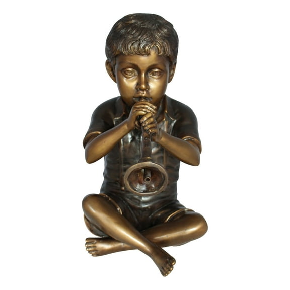 Nifao Boy Playing Flute Outdoor Fountain Statue, Bronze Garden Water Feature Sculpture for Patio & Yard, 7"L x 11"W x 14"H