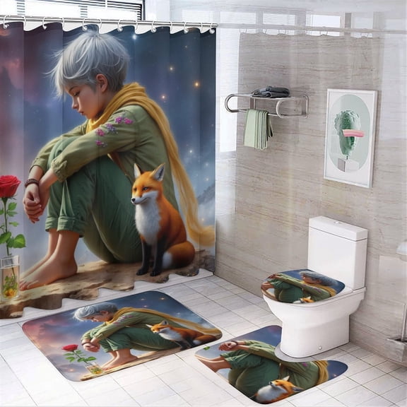 Boy with Fox And Rose Shower Curtain Set Modern Bathroom Decor Mats 4pcs Fabric Bathroom Curtain Slip Floor Rug Toilet Lid