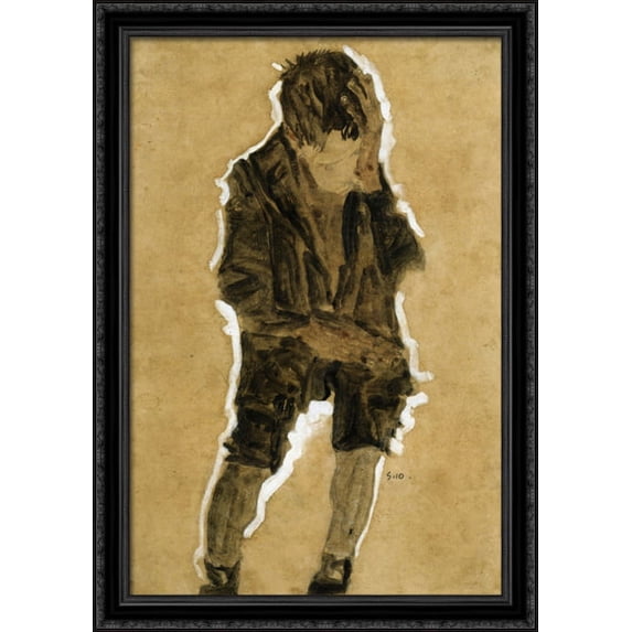 Boy with Hand to Face 28x40 Large Black Ornate Wood Framed Canvas Art by Egon Schiele