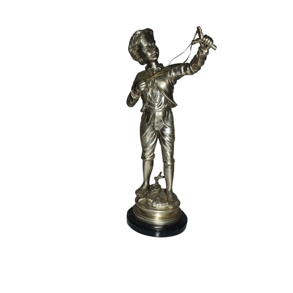 Nifao Boy with a Sling Bronze Statue, Home Office Decor Sculpture, 10"L x 6.5"W x 21.5"H