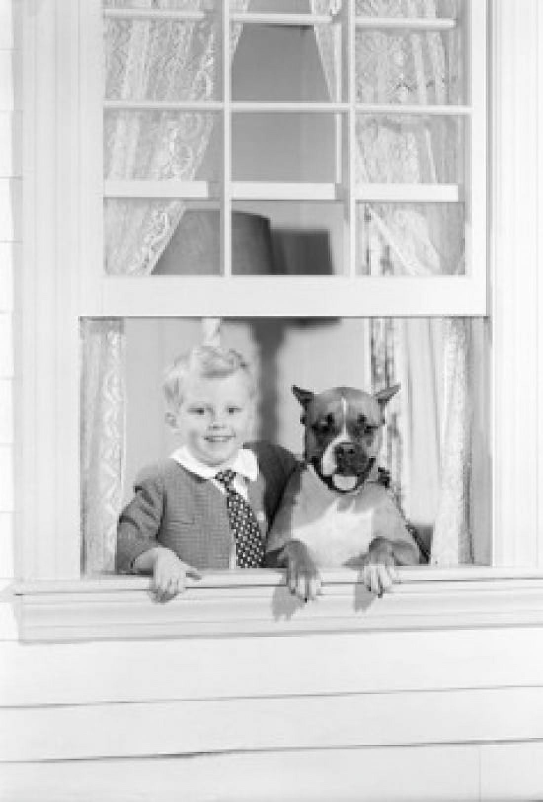 Boy with dog looking through window portrait Canvas Art - (18 x 24)