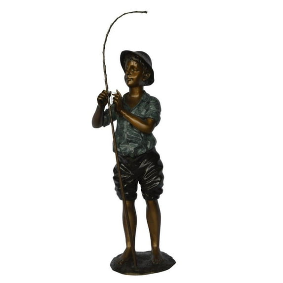 Boy with fishing rod bronze statue - Size: 11"L x 14"W x 44"H.