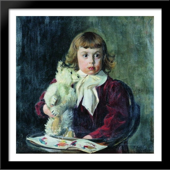 Boy with teddy bear 28x28 Large Black Wood Framed Print Art by Boris Kustodiev