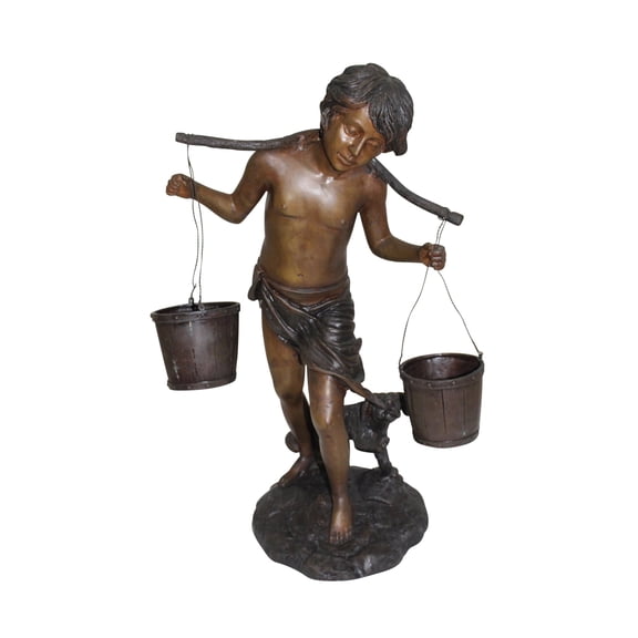 Nifao Boy with two buckets Bronze Statue, Home Office Decor Sculpture, 14.5"L x 10"W x 23"H