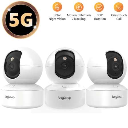 BoyKeep 2K 5G/2.4GHz WiFi Dual-Band Pet Dog Camera with Phone App, Indoor Home Security Camera with One-Touch Call, 360° PTZ, 2-Way Audio, Color Night Vision, No Plug Version, 12s Cloud Storage, 3PCS