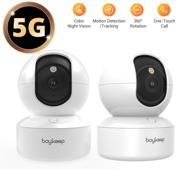 BoyKeep 2K 5G/2.4GHz WiFi Dual-Band Pet Dog Camera with Phone App, Indoor Home Security Camera with One-Touch Call, 360° PTZ, 2-Way Audio, Color Night Vision, No Plug Version, 12s Cloud Storage, 2PCS