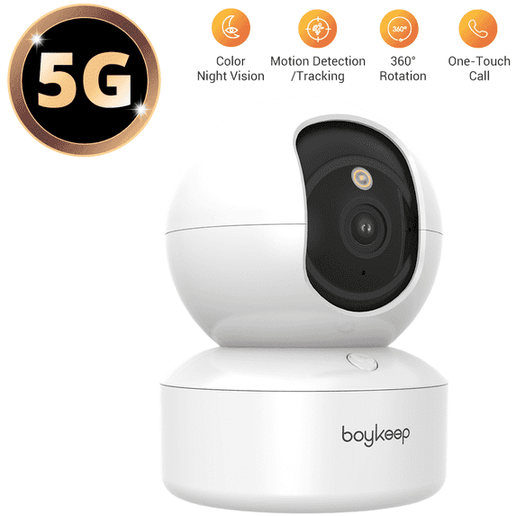 BoyKeep 2K 5G/2.4GHz WiFi Dual-Band Pet Dog Camera with Phone App, Indoor Home Security Camera with One-Touch Call, 360° PTZ, 2-Way Audio, Color Night Vision, No Plug Version, 12s Cloud Storage