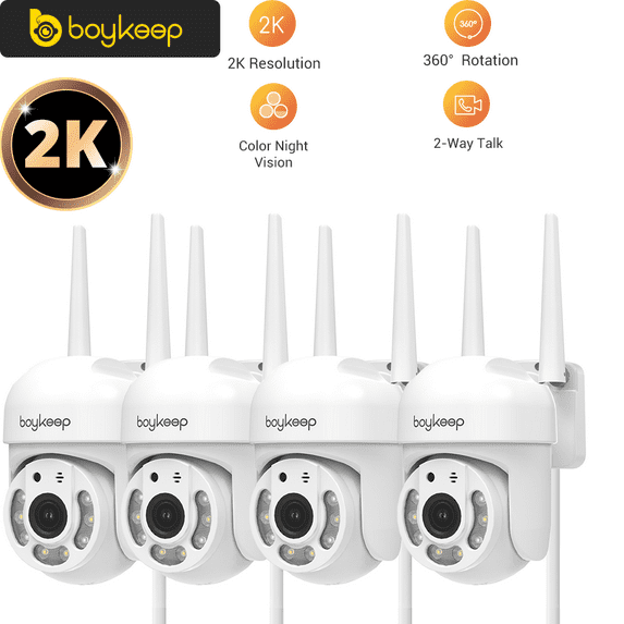 BoyKeep 2K Outdoor Security Camera, 2.4GHz Wi-Fi 360° Pan/Tilt Wired Camera for Home Security Outside with Phone App, 24/7 Recording, Color Night Vision, Motion Tracking/Detection, 2-Way Talk, 4PC