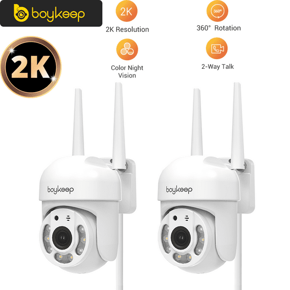 BoyKeep 2K Security Camera Outdoor, 2.4GHz Wi-Fi 360° View Pan/Tilt Wired Camera for Home Security Outside with Phone App, 24/7 Recording, Color Night Vision, Motion Detection/Tracking, 2PCS