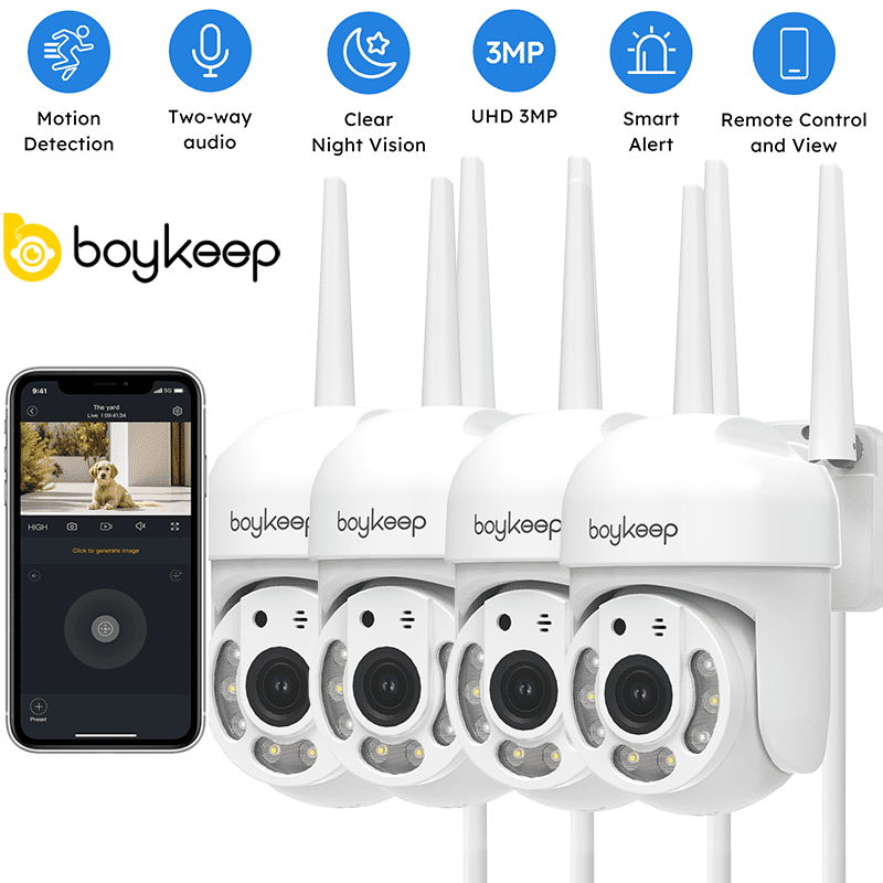 BoyKeep 2K Security Camera Outdoor, 2.4GHz Wi-Fi 360° View Pan/Tilt Wired Camera for Home Security Outside with Phone App, 24/7 Recording, Color Night Vision, Motion Detection, 2-Way Talk, 4PCS