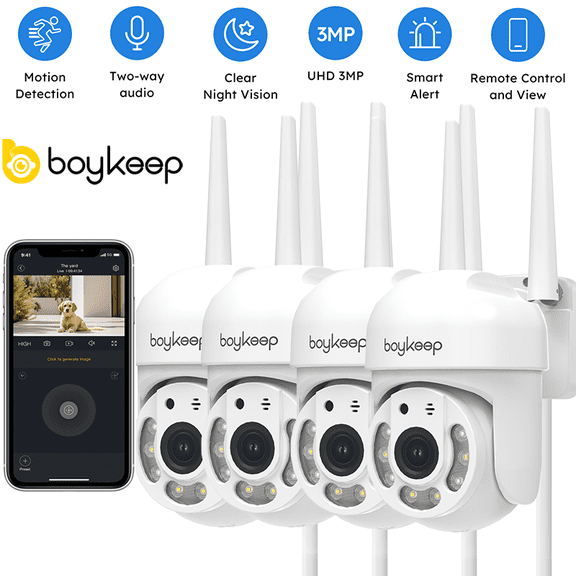 BoyKeep 2K Security Camera Outdoor, 2.4GHz Wi-Fi 360° View Pan/Tilt Wired Camera for Home Security Outside with Phone App, 24/7 Recording, Color Night Vision, Motion Detection, 2-Way Talk, 4PCS