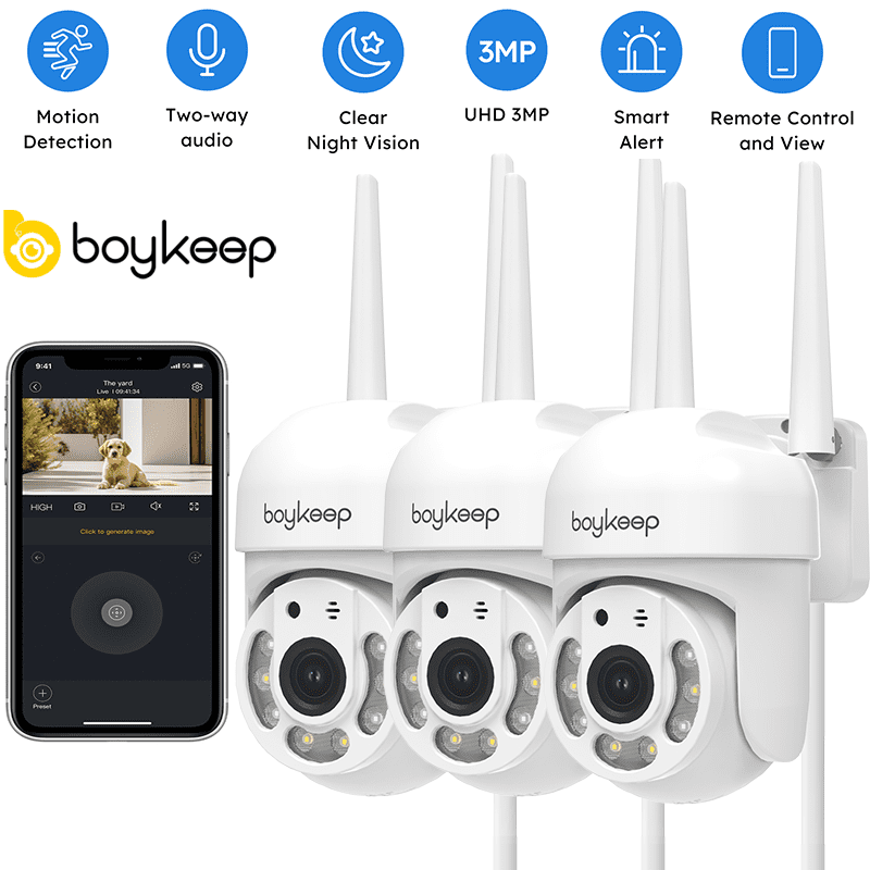 BoyKeep 2K Security Camera Outdoor, 2.4GHz Wi-Fi 360° View Pan/Tilt Wired Camera for Home Security Outside with Phone App, 24/7 Recording, Color Night Vision, Motion Detection, 2-Way Talk, 3PCS