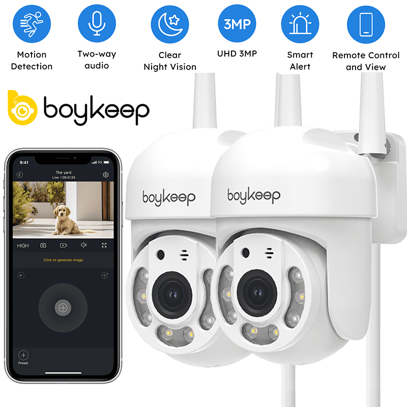BoyKeep 2K Security Camera Outdoor, 2.4GHz Wi-Fi 360° View Pan/Tilt Wired Camera for Home Security Outside with Phone App, 24/7 Recording, Color Night Vision, Motion Detection, 2-Way Talk, 2PCS