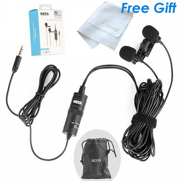 Boya BY-M1DM Dual-Head Lavalier Microphone Lapel Clip-on Microphone, Omnidirectional Electret Condenser Mic, TRRS 3.5mm Jack, EXTREME-LONG Cable, for Smartphones, DSLR, Camcorders