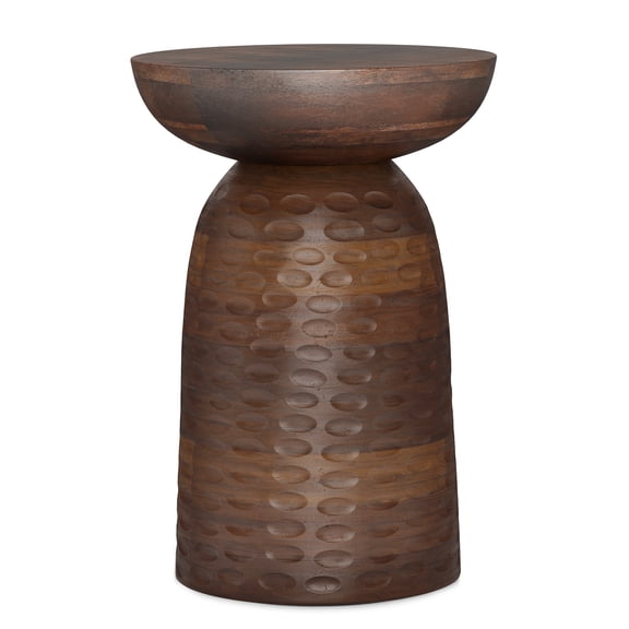 Boyd 13 Inch Solid Mango Wood End Table, Dark Brown Textured Finish Sculptural Accent Table for Living Room, Bedroom