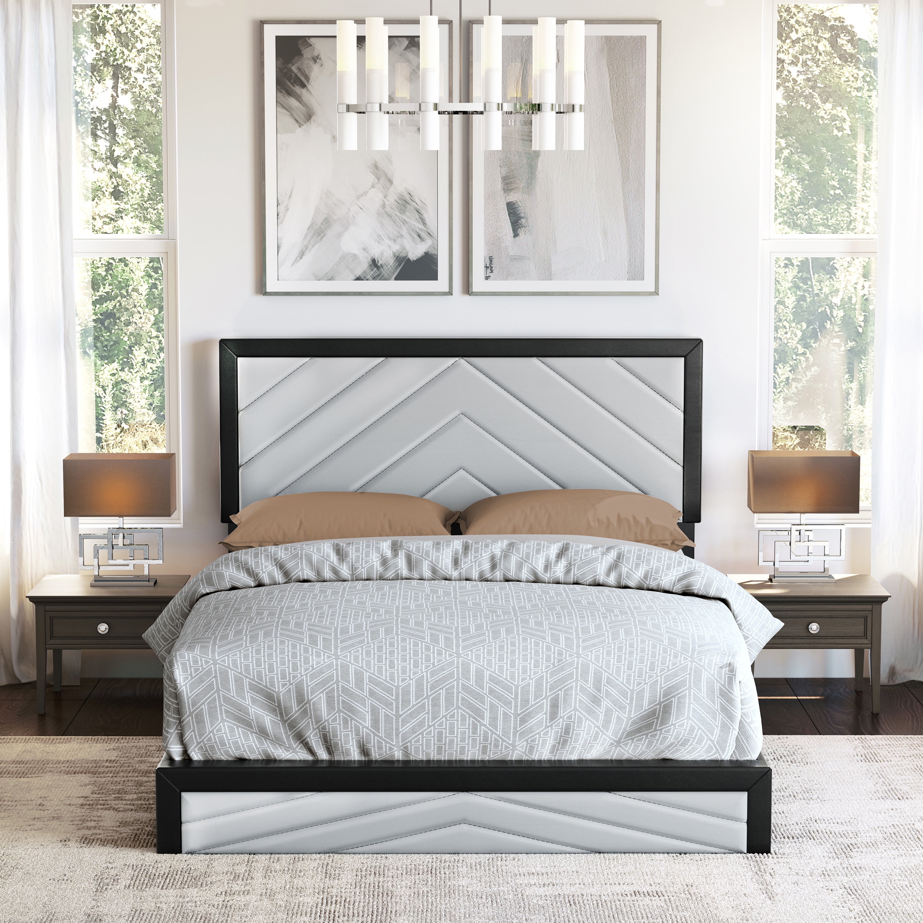 Boyd Sleep Arden Black/Gray Faux Leather Queen Size Fully Upholstered Platform Bed Frame with Adjustable Headboard